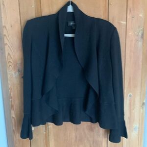 St John black open front long sleeve ruffled wool blend cardigan